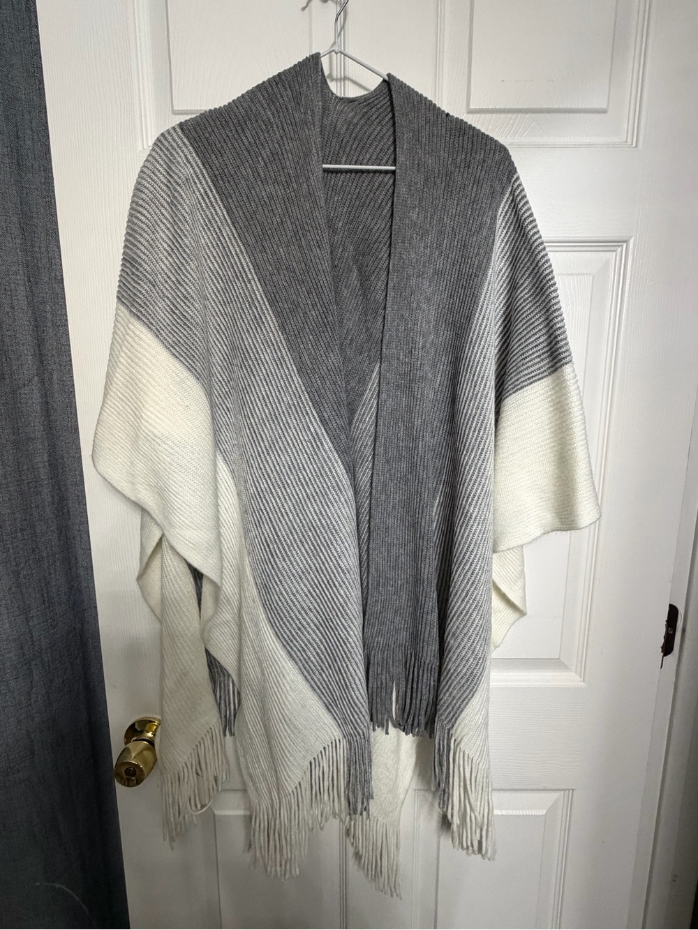 Cozy Two-Tone Gray & Cream Fringe Knit Wrap Sweater